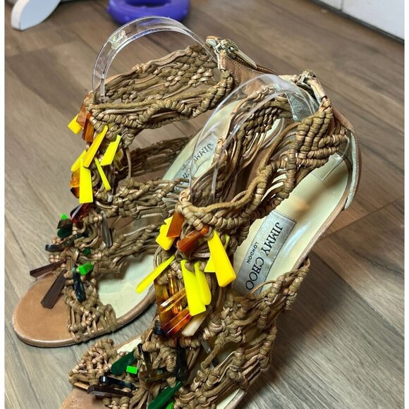 Jimmy Choo RIS Style Macrame Brown Heels With Multi-Color Beaded Accent Size 10 - Picture 5 of 10